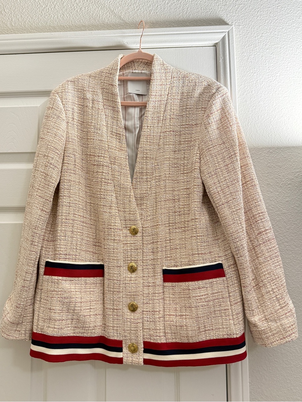 NWT Sandro Cream Tweed Blazer with Red & Navy Stripe Trim